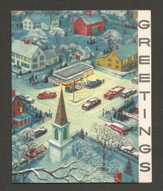 ' 40s - ' 50s Cars,  ESSO Gas Station,  Tree Stand,  Houses Vtg Christmas Card 2