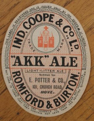 Ind Coope “akk” Ale Bottled By E.  Potter & Co,  Hove Bottle Label