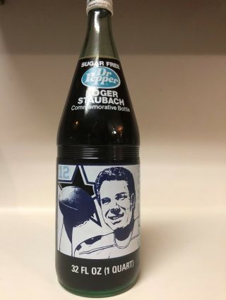 Vintage Dallas Cowboys Roger Staubach Commemorative Dr Pepper Full Bottle
