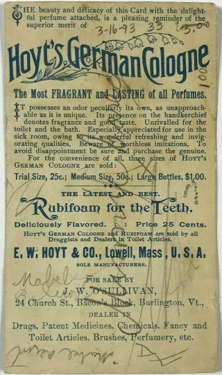 1890 Hoyts German Cologne J.  W.  O ' Sullivan Burlington VT Vermont Trade Card 2
