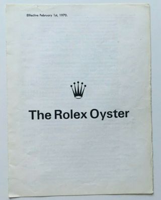 Rolex Watches Oyster 1970 Price List Dealer Brochure - English - Canada