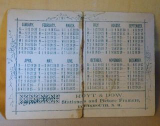 Antique 1896 Pocket Calendar Trade Card Hoyt & Dow Stationers Portsmouth NH 2