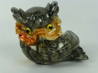 Marble Owl Figure With Yellow Glass Eyes Vintage Carved Alabaster Paperweight