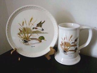 Set Of 2 Vintage Mallard Duck Porcelain Beer Stein & Plate Made In Usa