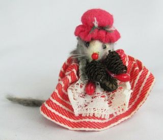 Vintage Fur Toys West Germany Mini Christmas Lady Mouse W/ Pinecones