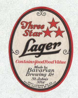 Beer Label - Canada - Three Star Lager - Bavarian Brg - St.  John 
