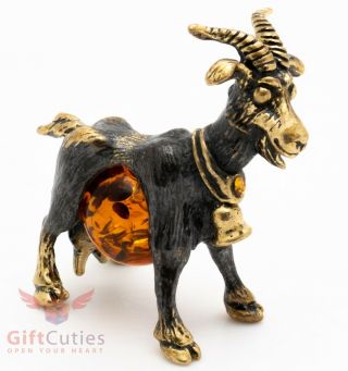 Solid Brass Amber Figurine Of The Goat With A Bell Ironwork