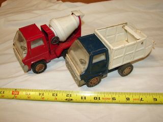 2 Vintage Marx Toy Truck Pressed Steel Small Garbage & Cement Mixer 6 1/2 Inch