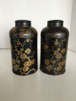 2 Antique Black With Gold Floral Design Tea Tins Vintage Asian Decor