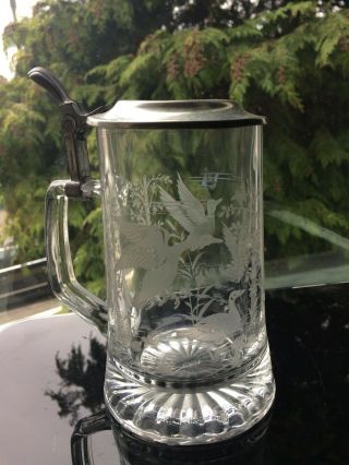 Alwe W.  Germany Glass Pint Of Beer Tankard Engraved Goose Nature 450ml Metal Lid