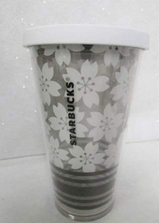 Starbucks White Flower / Black Stripes Clear Cold Cup Tumbler 16 Oz.