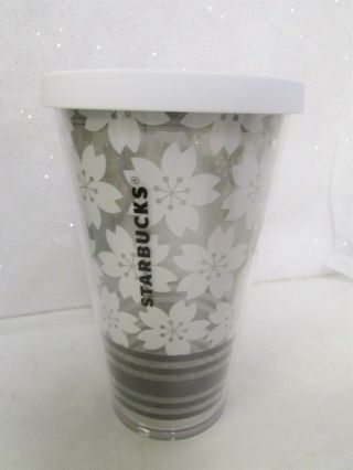 STARBUCKS White Flower / Black Stripes Clear Cold Cup Tumbler 16 oz. 2