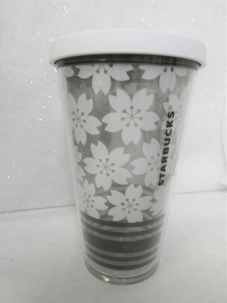 STARBUCKS White Flower / Black Stripes Clear Cold Cup Tumbler 16 oz. 3