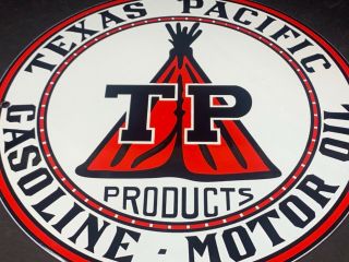Vintage Texas Pacific Gasoline & Motor Oil 12 " Porcelain Gas Pump Plate Sign