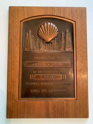 Vintage Shell Oil Company 5 Year Employee Service Plaque Copper On Wood