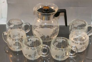 Vintage Nescafe Nestle World Globe Glass Coffee Tea Mug Cup Carafe Creamer Set