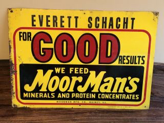 1950’s Vintage Moorman Feeds Tin Metal Farm Feed Sign Old Barn Country