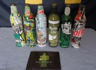 Complete Set Of 6 Mountain Dew Green Label Art Aluminum Bottles Full W/ Booklet