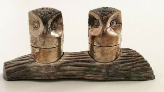 Vintage 1960s Salt And Pepper Shaker Silver Plate Owls On A Log
