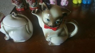 Vintage Ceramic Siamese Cat Creamer And Sugar Bowl with Lid Japanese 3