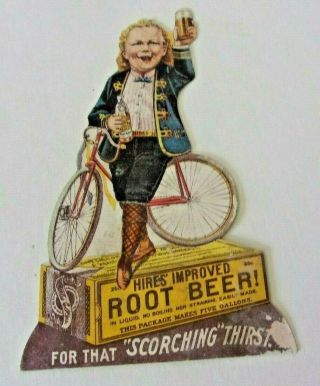 Antique Hires Rootbeer Paper Ad Cut Out Card Boy On Bicycle,  Dated 1897