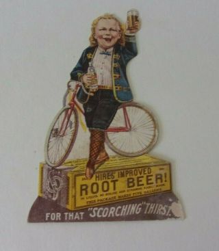 Antique Hires rootbeer paper ad cut out card boy on bicycle,  dated 1897 4