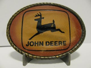 John Deere 1968 Jd Leaping Deer Trademark Logo Leather & Metal Belt Buckle