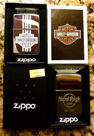 2 Zippo Lighters In,  1 Harley Davidson & 1 Ny Hard Rock Cafe Nib