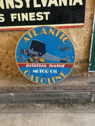 Vintage Atlantic Gasoline Motor Oil Porcelain Sign Pump Plate 12 In