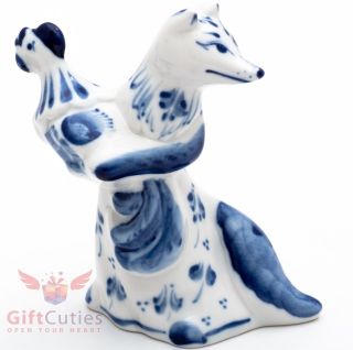 Gzhel Porcelain Figurine Fox With Stolen Rooster Hand - Painted Russia Kuma Lisa