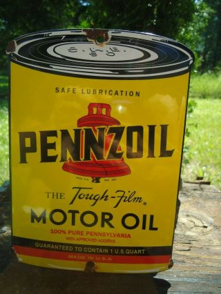 Vintage Pennzoil Motor Oil Can Porcelain Enamel Gas Pump Door Sign
