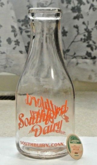 Vintage Southbury Dairy One Quart Glass Milk Bottle Southbury Connecticut W/ Cap
