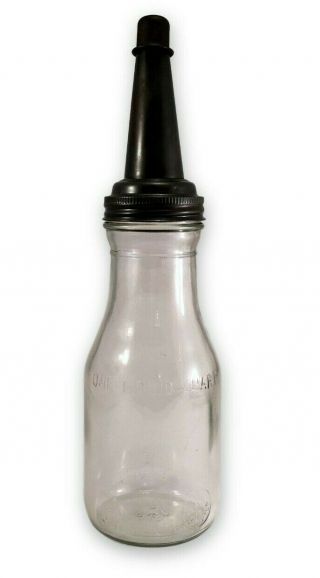 Vtg Embossed 1 Quart Motor Oil Glass Bottle W Spout & Cap Bw 1228 Euc