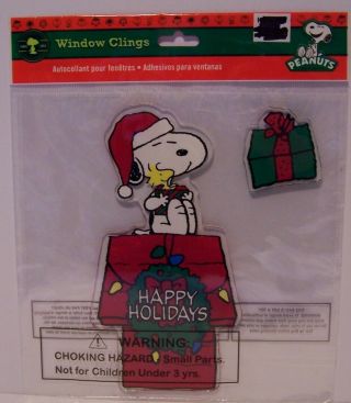 Snoopy Hugs Woodstock Christmas Window Cling Dog House Happy Holidays