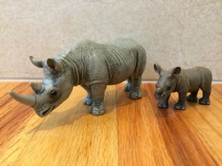 Schleich African Black Rhino Rhinoceros 14193 (2001) & Calf 14395 (2008) - Euc