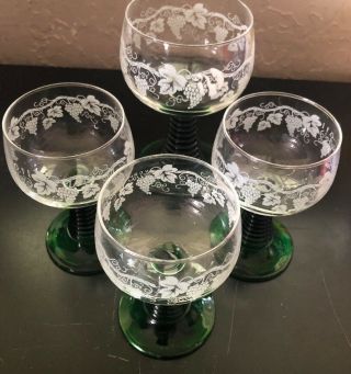 German Wine Glasses Green Stem Etched Grapes,  Leaves One Large One 3 Small Ones