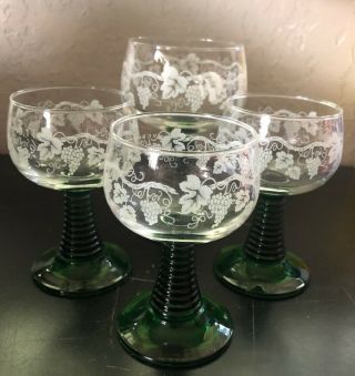 German Wine glasses Green Stem etched grapes,  Leaves One Large One 3 Small Ones 2