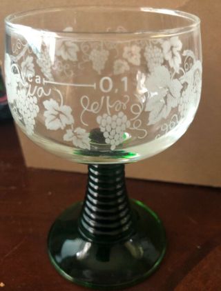 German Wine glasses Green Stem etched grapes,  Leaves One Large One 3 Small Ones 3