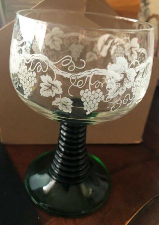 German Wine glasses Green Stem etched grapes,  Leaves One Large One 3 Small Ones 4