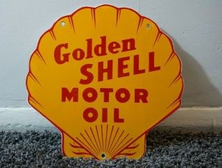 Vintage Golden Shell Motor Oil Porcelain Sign Gas Metal Station Pump Plate Ad
