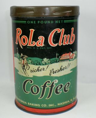 Vintage Rola Club Coffee Tin Nashua,  Nh Polo Player