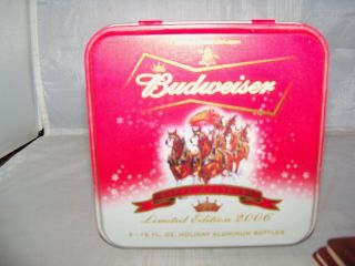 Budweiser 2006 Happy Holidays Tin w/ 4 EMPTY Aluminum Bottles and 4 Coasters 3