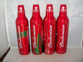 Budweiser 2006 Happy Holidays Tin w/ 4 EMPTY Aluminum Bottles and 4 Coasters 5