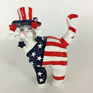 Annaco Creations Whimsiclay 2002 Patriotic Cat Figurine Amy Lacombe Flag
