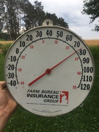 Vintage Antique 12”metal Farm Bureau Insurance Thermometer Gas Oil Clock