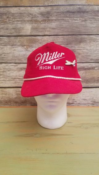 Vintage Miller High Life Corduroy Rope Hat Red Cap Strapback Sweatband Rare Usa