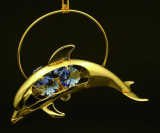 Swarovski Sapphire Crystal Element Studded Dolphin Ornament 24k Gold Plated