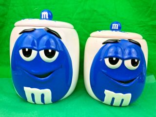 Galerie 2003 Blue M&ms White Ceramic Canisters Cookie Jars