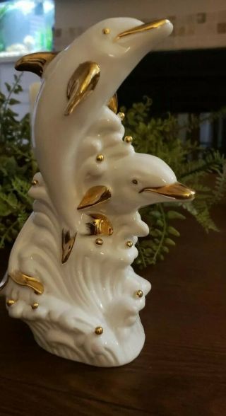 White Porcelain Dolphin Figurine Statue Gold Trim