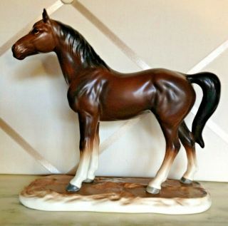 Vintage Japan Porcelain Horse Figurine - A Dark Chocolate Poser Upon A Plinth
